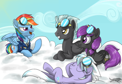 Size: 3540x2438 | Tagged: safe, artist:lostinthetrees, derpibooru import, cloudchaser, rainbow dash, thunderlane, oc, oc:lightning rain, pegasus, pony, backwards cutie mark, cloud, cloudy, female, goggles, male, mare, prone, sitting, stallion, wonderbolts dress uniform