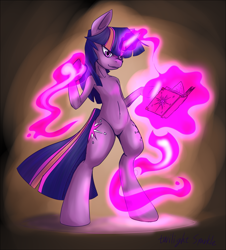 Size: 2031x2245 | Tagged: safe, artist:bloodycat, derpibooru import, twilight sparkle, pony, semi-anthro, bipedal, book, magic, pixiv, solo