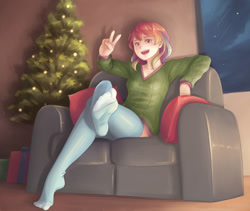 Size: 1420x1200 | Tagged: safe, artist:ninjaham, derpibooru import, rainbow dash, human, christmas, christmas tree, clothes, feet, female, holiday, humanized, sitting, socks, solo, stockings, thigh highs, tree