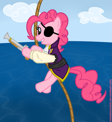 Size: 967x1051 | Tagged: safe, artist:remenescent, pinkie pie, pony, bipedal, clothes, eyepatch, gun, pirate, rope, solo, weapon