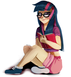 Size: 562x608 | Tagged: safe, artist:pepooni, derpibooru import, twilight sparkle, human, book, glasses, humanized, light skin, solo