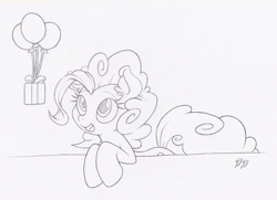 Size: 1000x724 | Tagged: safe, artist:dfectivedvice, pinkie pie, earth pony, pony, balloon, grayscale, monochrome, present, solo