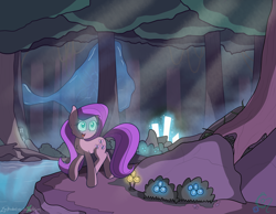 Size: 4176x3240 | Tagged: safe, artist:zacproductions, fluttershy, butterfly, pegasus, pony, cel shading, forest, glowing eyes, nature, smiling, solo, walking, water