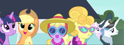 Size: 1374x505 | Tagged: safe, derpibooru import, applejack, fancypants, fleur-de-lis, lemon chiffon, maybelline, twilight sparkle, twilight sparkle (alicorn), alicorn, earth pony, pony, rarity takes manehattan, cruise ship, fancyfleur, female, hat, looking up, makeup, male, ship, sunglasses