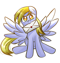 Size: 1560x1640 | Tagged: safe, artist:phoenixgoldensilver, derpy hooves, pegasus, pony, colored pupils, cute, derpabetes, female, letter, mare, mouth hold, simple background, sitting, solo, spread wings, transparent background, wings