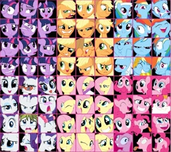 Size: 901x800 | Tagged: safe, derpibooru import, applejack, fluttershy, pinkie pie, rainbow dash, rarity, twilight sparkle, earth pony, pegasus, pony, unicorn, compilation, face, mane six