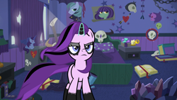 Size: 1920x1080 | Tagged: safe, edit, edited screencap, screencap, starlight glimmer, alicorn, bat pony, bat pony alicorn, pony, unicorn, the ending of the end, the parent map, bad guitar anatomy, badass, bed, bedroom, book, boots, caption, chains, clothes, crystal, edgelight glimmer, emo, female, frown, glare, goth, guitar, hair dye, horn, image macro, it's not a phase, kite, magic, makeup, mare, musical instrument, plushie, poster, scowl, shoes, skateboard, skull, solo, starlight glimmer in places she shouldn't be, starlight's room, text, windswept mane