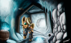 Size: 2497x1500 | Tagged: safe, artist:sa1ntmax, applejack, earth pony, pony, alternate hairstyle, armor, barrel, crossover, ice, skeleton, skyrim, solo, sword, tail wrap, the elder scrolls, warrior, weapon