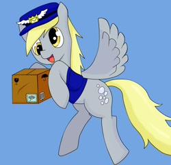 Size: 1275x1228 | Tagged: safe, artist:ruiont, derpy hooves, pegasus, pony, blue background, box, clothes, cutie mark, female, flying, hoof hold, mailmare, mare, open mouth, simple background, solo, spread wings, wings