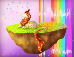 Size: 1024x787 | Tagged: safe, artist:finchina, autumn blaze, butterfly, kirin, awwtumn blaze, cute, female, floating island, floppy ears, long tail, looking up, open mouth, prone, rainbow waterfall, smiling, solo, sparkles