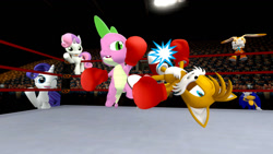 Size: 1366x768 | Tagged: safe, artist:migueruchan, rarity, spike, sweetie belle, dragon, pony, unicorn, 3d, beaten up, boxing, boxing gloves, boxing ring, cream the rabbit, crossover, fight, gmod, miles "tails" prower, sonic the hedgehog, sonic the hedgehog (series)