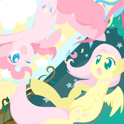 Size: 2500x2500 | Tagged: safe, artist:natsu714, fluttershy, pinkie pie, earth pony, pegasus, pony, duo, duo female, female, mare, pink coat, pink mane, yellow mane