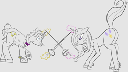 Size: 1920x1080 | Tagged: safe, artist:marchiedraws, derpibooru import, fancypants, fleur-de-lis, pony, unicorn, fencing, magic, plot, rapier, sword, weapon