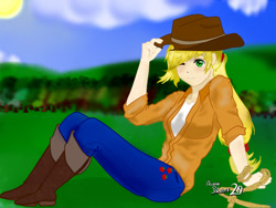 Size: 1024x769 | Tagged: safe, artist:animepainter20, applejack, human, humanized, one eye closed, rope, sitting, solo