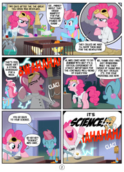 Size: 800x1109 | Tagged: safe, artist:mister-saugrenu, cup cake, gummy, pinkie pie, pound cake, pumpkin cake, earth pony, pony, auntie pinkie knows all, chemicals, clothes, comedy, comic, crib, fanfic art, food, futurama, goggles, humor, lab coat, laboratory, mad scientist, princess celestia hates tea, professor farnsworth, science, sugar (food)