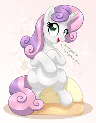 Size: 860x1100 | Tagged: safe, artist:joakaha, sweetie belle, pony, unicorn, growing up is hard to do, child bearing hips, dialogue, female, looking at you, mare, older, older sweetie belle, sitting, solo, wide hips