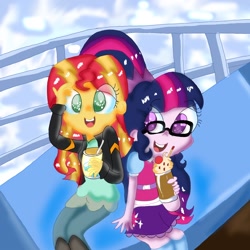 Size: 1000x1000 | Tagged: safe, artist:doraeartdreams-aspy, sci-twi, sunset shimmer, twilight sparkle, equestria girls, cruise ship, female, lesbian, milkshake, scitwishimmer, shake, ship, shipping, sunsetsparkle