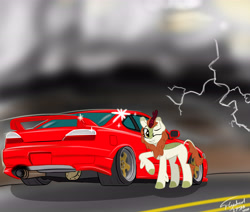 Size: 6500x5500 | Tagged: safe, artist:flywheel, autumn blaze, kirin, absurd resolution, car, cloud, dark clouds, lightning, nissan, nissan silvia, road, solo