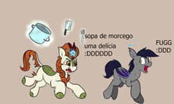 Size: 1167x700 | Tagged: safe, artist:jellymaggot, autumn blaze, oc, oc:echo, bat pony, kirin, pony, /mlp/, 4chan, :d, bat pony oc, bat wings, brazilian portuguese, butcher knife, chase, cleaver, coronavirus, covid-19, drawthread, duo, ear tufts, eyes on the prize, female, fork, fug, gray background, leg fluff, levitation, magic, mare, meme, missing cutie mark, open mouth, ponified meme, portuguese, pot, raised hoof, running, scared, simple background, spurdo spärde, sweat, sweatdrop, telekinesis, text, tongue out, wide eyes, wings