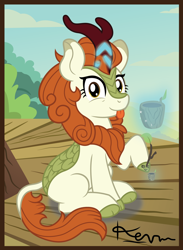 Size: 1704x2328 | Tagged: safe, artist:povitato, autumn blaze, kirin, :p, autumn blaze's puppet, canon, cloven hooves, female, glowing horn, horn, looking at you, magic, peaks of peril, raised hoof, sitting, solo, telekinesis, tongue out