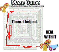 Size: 707x628 | Tagged: safe, artist:easysnuggler, sunset shimmer, arrow, cannon, canon, deal with it, game, help, like a boss, maze, maze game, meme, modified, party cannon, simple background, sunglasses, text, the hard way, white background