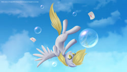 Size: 1920x1080 | Tagged: safe, artist:musicfirewind, derpy hooves, pegasus, pony, bubble, colored pupils, falling, female, letter, mare, sky, solo