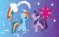 Size: 2560x1600 | Tagged: safe, artist:alicehumansacrifice0, derpibooru import, rainbow dash, twilight sparkle, bird, pegasus, pony, female, lesbian, shipping, stars, twidash, vector, wallpaper