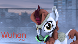 Size: 1920x1080 | Tagged: safe, artist:spinostud, autumn blaze, kirin, 3d, china, city, coronavirus, covid-19, gas mask, graveyard of comments, looking at you, mask, solo, source filmmaker, wuhan