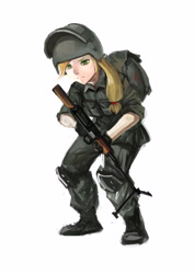 Size: 3000x4242 | Tagged: safe, artist:tiger-type, applejack, human, altyn helmet, gun, humanized, k6-3, machine gun, military, rpk, rpk-74, russia, russian army, simple background, solo, weapon, white background