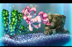 Size: 1900x1250 | Tagged: dead source, safe, artist:inky-pinkie, pinkie pie, earth pony, fish, pony, bubble, cartoon physics, fishbowl, pet, solo, underwater