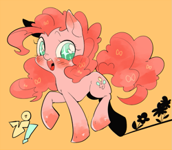 Size: 803x700 | Tagged: safe, artist:29axa, pinkie pie, earth pony, pony, blushing, eye sparkles, flower, no pupils, open mouth, orange background, simple background, smiling, smiling pinkie pie tolts left, solo, wingding eyes