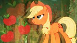 Size: 1366x768 | Tagged: safe, artist:daringdashie, artist:topaxx, applejack, earth pony, pony, cutie mark, female, forest, mare, solo, vector, wallpaper