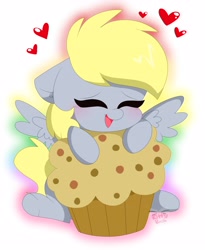 Size: 3312x4032 | Tagged: safe, artist:kittyrosie, derpy hooves, pegasus, pony, blushing, cute, derpabetes, female, food, heart, muffin, open mouth, solo