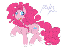 Size: 1000x767 | Tagged: safe, artist:suzumaru, pinkie pie, pony, coat markings, colored pupils, cute, diapinkes, open mouth, simple background, smiling pinkie pie tolts left, solo, stars, white background