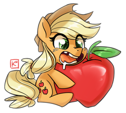 Size: 600x541 | Tagged: safe, artist:radioactive-k, applejack, earth pony, pony, apple, chipped tooth, cute, drool, jackabetes, open mouth, simple background, sitting, solo, that pony sure does love apples
