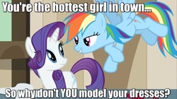 Size: 1253x702 | Tagged: safe, derpibooru import, edit, rainbow dash, rarity, pegasus, pony, unicorn, female, fridge logic, image macro, implied shipping, lesbian, meme, model, raridash, shipping, wmg