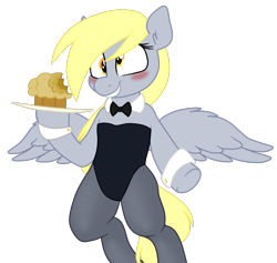 Size: 1280x1214 | Tagged: safe, artist:smogslog, color edit, edit, editor:deserter, derpy hooves, pegasus, pony, blushing, bowtie, clothes, colored, cuffs (clothes), female, food, leotard, mare, muffin, pantyhose, simple background, solo, transparent background