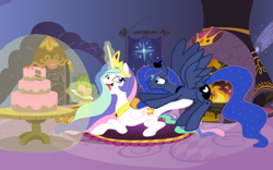 Size: 1600x1000 | Tagged: safe, artist:theroyalprincesses, princess celestia, princess luna, alicorn, pony, cake, cakelestia, dream, food, force field, kicking, magic, nightmare, prone