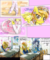 Size: 5000x6000 | Tagged: safe, artist:avchonline, derpibooru import, fleur-de-lis, soarin', spitfire, pony, absurd resolution, arm hooves, ballerina, ballet slippers, bipedal, blushing, bow, canterlot royal ballet academy, clothes, comic, comic book, daydream, desk, dress, embarrassed, engrish in the description, evening gloves, eyeshadow, gloves, japanese, jewelry, makeup, my melody, phone, poster, sanrio, spread wings, stockings, surprised, thought bubble, tiara, tomboy taming, tutu, wingboner, wonderbolts uniform