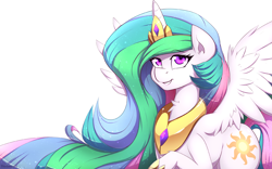 Size: 3840x2400 | Tagged: safe, artist:thebatfang, princess celestia, alicorn, pony, crown, female, horseshoes, looking at you, looking up, mare, necklace, regalia, simple background, smiling, solo, spread wings, white background