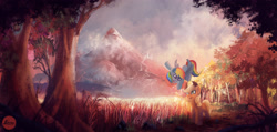 Size: 3200x1525 | Tagged: safe, artist:lukeine, derpibooru import, applejack, rainbow dash, earth pony, pegasus, pony, canterlot, castle, forest, mountain, scenery, tree