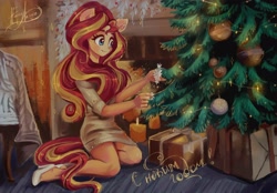 Size: 2700x1884 | Tagged: safe, artist:xjenn9, sunset shimmer, equestria girls, christmas, christmas tree, clothes, cyrillic, female, high heels, holiday, kneeling, ponied up, russian, shoes, tree