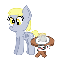 Size: 1600x1600 | Tagged: safe, artist:nightshadowmlp, derpy hooves, pegasus, pony, derpy day, derpy day 2019, female, firealpaca, food, mare, muffin, plate, sign, simple background, table, text, white background