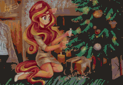 Size: 2700x1884 | Tagged: safe, artist:xjenn9, derpibooru exclusive, sunset shimmer, equestria girls, animated, blinking, christmas, christmas presents, christmas tree, cyrillic, gif, high heels, holiday, kneeling, ponied up, russian, shoes, tree