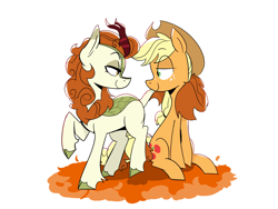 Size: 1499x1129 | Tagged: safe, artist:cassettepunk, derpibooru import, applejack, autumn blaze, earth pony, kirin, pony, autumnjack, cloven hooves, cowboy hat, eye contact, female, hat, lesbian, looking at each other, mare, shipping, simple background, smiling, tail seduce, white background