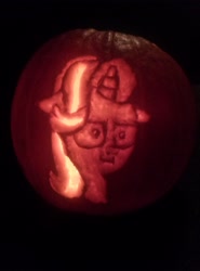 Size: 1560x2104 | Tagged: safe, artist:lowponview, starlight glimmer, :i, halloween, holiday, i mean i see, irl, jack-o-lantern, photo, pumpkin