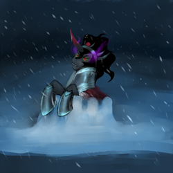 Size: 1000x1000 | Tagged: safe, artist:peachiekeenie, derpibooru import, king sombra, pony, unicorn, fort, snow, solo, unamused