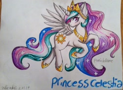 Size: 960x702 | Tagged: safe, artist:queensmil3y, princess celestia, alicorn, pony, female, horn, mare, multicolored mane, solo, traditional art, white coat