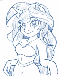 Size: 2550x3300 | Tagged: safe, artist:latecustomer, sunset shimmer, anthro, unicorn, belly button, breasts, cleavage, cute, female, lineart, monochrome, shimmerbetes, solo