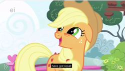 Size: 623x357 | Tagged: safe, screencap, applejack, earth pony, pony, applebuck season, ei, hub logo, meme, solo, youtube caption